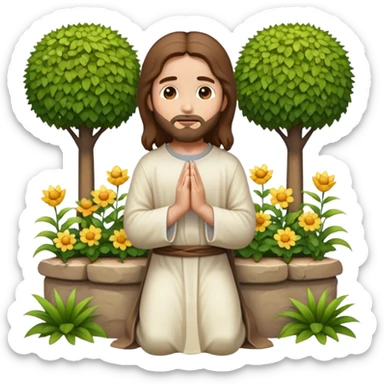 Jesus kneeling to pray in a garden, emoji style, gentle expression sticker
