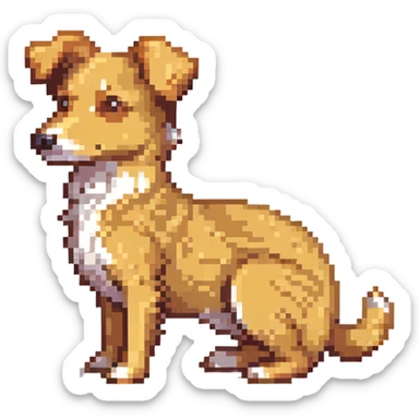 medium-sized sandy colored dog with one back leg missing, tail curled up onto its back, attentive upright ears, pixel art style sticker