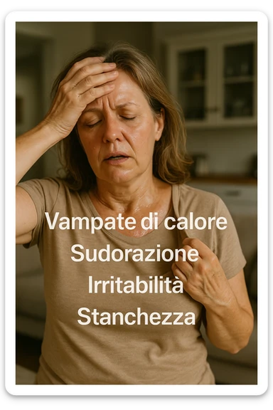 Donna in menopausa con sintomi evidenti. immagini specifiche, se usi testo deve essere in italiano. immagini realistiche 4k sticker