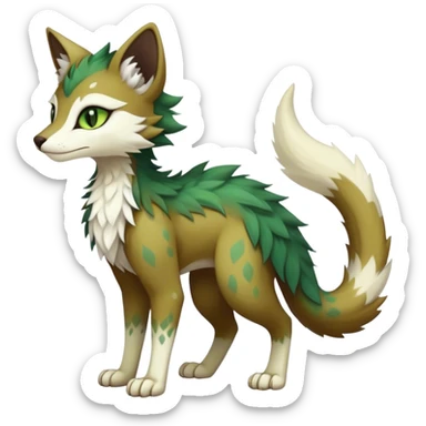 Kawaii dark cute brown beige white fantasy ethereal feline-vernid-sergal-fursona animal creature with a tufted tail full body with intricate markings, hazel-gold-green eyes sticker