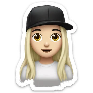 Billie eilish with black hair and a backwards hat sticker