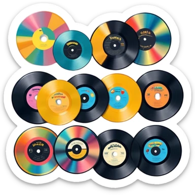 Icon for Vinyl Record Collecting: colorful vinyl records in decorative packaging featuring artist images, neatly arranged on a wall or shelf. The icon should reflect the aesthetic and artistic aspect of collecting vinyl records. Transparent background. sticker