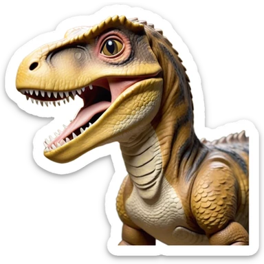 Cinematic Realistic Cute Yawning velociraptor/T-rex Portrait Emoji, Head tilted slightly with a dramatic, wide-open yawn, showcasing a massive, rugged scaled hide with subtly drooping features and half-closed, drowsy eyes rendered in authentic prehistoric detail, high shine, relaxed yet expressive, styled with a dash of ancient charm, soft glowing outline, capturing the essence of a sleepy yet affectionate velociraptor/T-rex that appears ready to stretch out and settle into a timeless nap! sticker