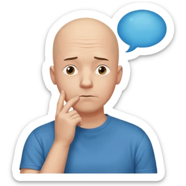 bald man with t-shirt, doubting face, hand on chin looking up, thought bubble sticker