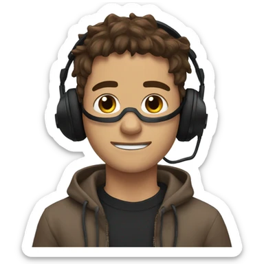 Messy brown hair black gaming headset and sweater with two thumbs upp sticker