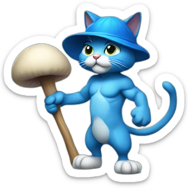 Strong muscles Blue cat NO ears wearing a mushroom cap carrying a stick in one arm standing on two legs sticker