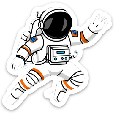 Stylized futuristic astronaut in mid-flight pose, heroic silhouette, dynamic diagonal motion lines sticker