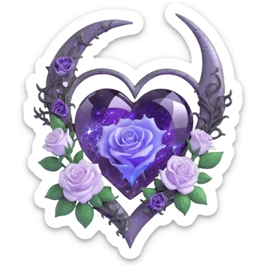 gothic heart made of smoky gray glass, silver crescent moon, white roses, holographic stardust, neon purple lightning, wet and cracked glass sticker