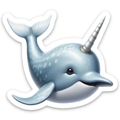 Cinematic Noble Narwhal Portrait Emoji, Poised and majestic, with a robust, streamlined body draped in mottled, silvery-gray skin, featuring a long, spiraled, ivory tusk and deep, thoughtful eyes that exude ancient oceanic wisdom, Simplified yet sharp and sophisticated features, highly detailed, glowing with a soft, ethereal arctic glow, high shine, intelligent and enigmatic, stylized with an air of mythical marine grandeur, focused and graceful, soft glowing outline, capturing the essence of a watchful and confident sea unicorn that appears ready to glide out of the screen with timeless authority! sticker