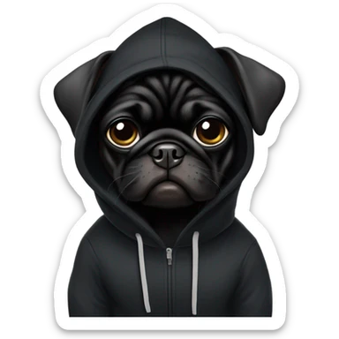 Black pug wearing a black hoodie sticker