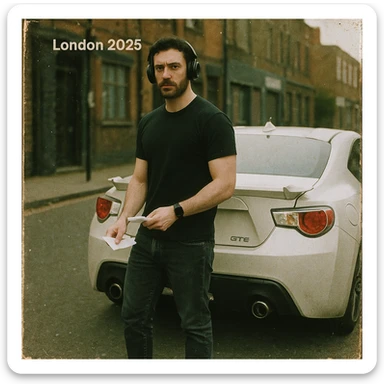 Grunge-style analog photo, London 2025, person inspired by the reference image standing next to a Nissan GT 86, model pose, black t-shirt, jeans, Nike Air Jordan low, using flash, street background, analog grain, 4/8. sticker