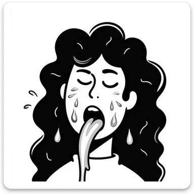 surprised disgusted woman with long messy curly black hair, thick goopy white liquid on cheeks, lips, tongue, tongue out, eyes shut, gunk dripping and matting hair sticker