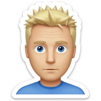 Create emoji of a single blonde guy short hair on the sides medium length slightly spiky pushed slightly to the right blue eyes define jawline middle aged sticker