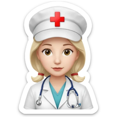 female doctor with white uniform and white hat with hospital logo on hat sticker