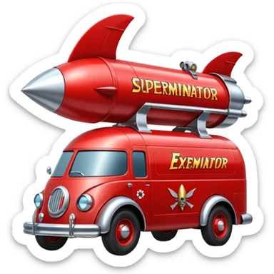 Heroic SuperBug hot rod Ron’s exterminator superminator antique rocket-powered tall robot delivery van (motto: bug out rocket Bombing creepy bugs is fun) sticker