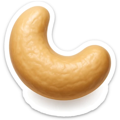 Show only a single cashew nut in a realistic crescent shape with a smooth, slightly wrinkled beige or light tan texture. The cashew should appear glossy and slightly roasted with a soft sheen, placed on a pure white background. The style should resemble 3D emoji style with realistic details. sticker