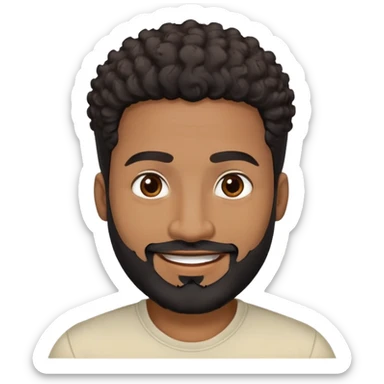 Caribbean man in his early 40s with medium brown complexion. Round friendly face. Energetic expression with wide smile. Cheerful dark eyes. Thick eyebrows. Wide nose. Well-groomed full black beard. Short curly black hair with faded sides. Wearing a cream colored casual shirt. sticker