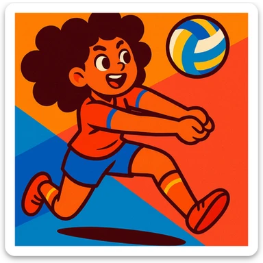 curly haired girl playing volleyball, energetic, action pose, vibrant colors sticker
