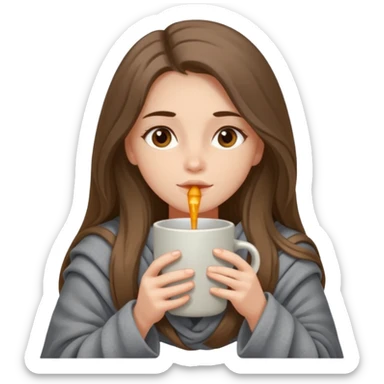 Brown-eyed, fair-skinned girl with long hair down to her shoulders, wrapped in a gray blanket, drinking from a New Year's mug sticker