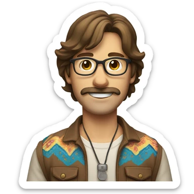 thin guy with shoulder length brown hair and mustache and smile and glasses wearing hippie clothes sticker
