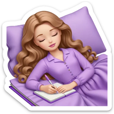 White Barbie girl Chestnut long wavy hair sleeping with In lavender clothes, he writes in a notebook sticker