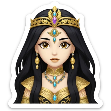 Akasha with white skin, brown eyes, black long hair, gold outfit sticker