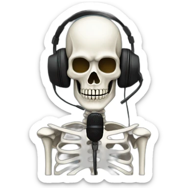 Skeleton mask with a long black mask underneath it and headset with a microphone sticker