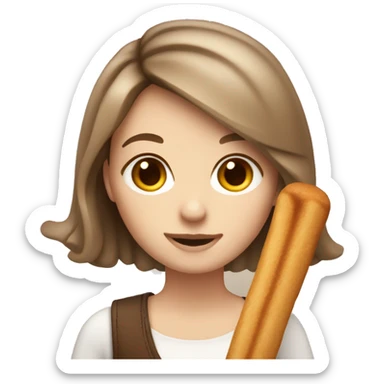 Cute white woman with brown medium length hair holding a churro sticker