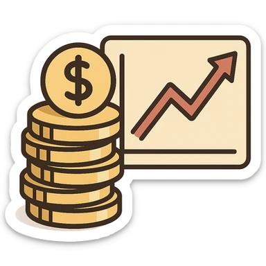 cartoon style icon for economy, showing a stack of coins and a rising chart sticker