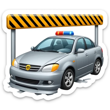 car crashed to a trafic barrier barrier in front of car and car front panel broken sticker