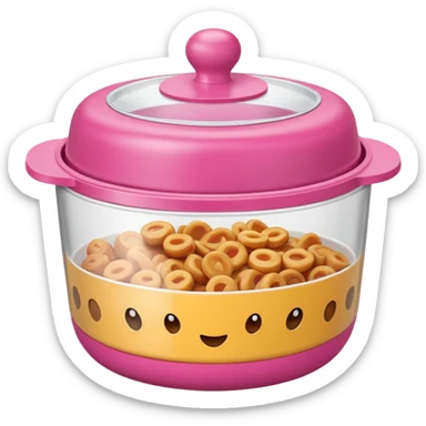 leftover food bowl, with plastic cover on top. pink sticker