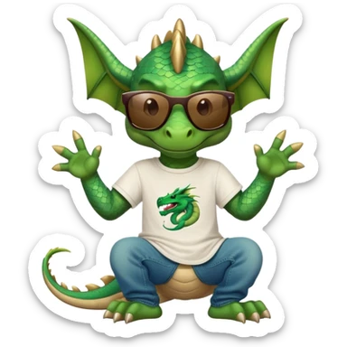 friendly anthropomorphised dragon in a hip-hop t-shirt and jeans with dark sunglasses, relaxed pose sticker