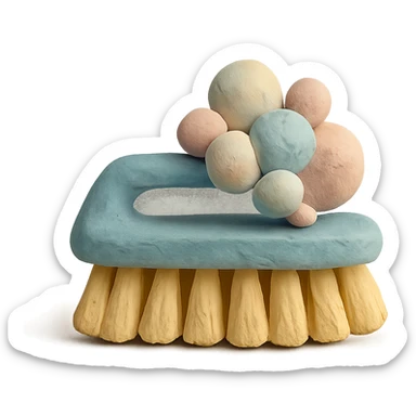 cleaning brush with soap bubbles, pastel palette, visible clay texture in claymation style sticker