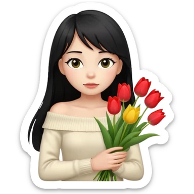 a girl with long black hair, thin bangs, black eyes, wearing a cream off-shoulder sweater, holding a bouquet of tulips, emoji style, looking shy sticker