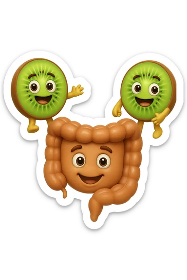 emoji stile iphone di kiwi fluttuano in aria tenendo in mano un pezzo di colon con espressione felice in volto, iperrealistico 4k sticker