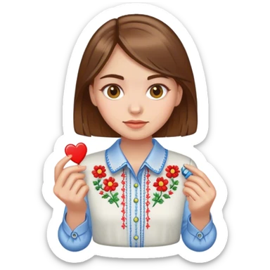 Ukrainian girl with brown hair in an embroidered shirt and a magnet sticker