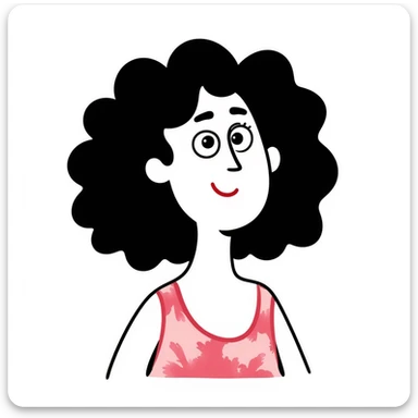 Woman in her 30s with clear skin, elongated face, soft cheeks, large expressive brown eyes, natural eyebrows, defined nose, full lips with soft red lipstick, abundant dark brown curly hair, wearing pink tie-dye tank top sticker