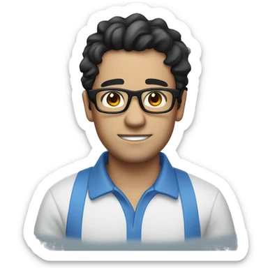 
Emoji of a man with glasses, with messy black hair and no beard, very white skin and a thick build, wearing a blue polo shirt sticker