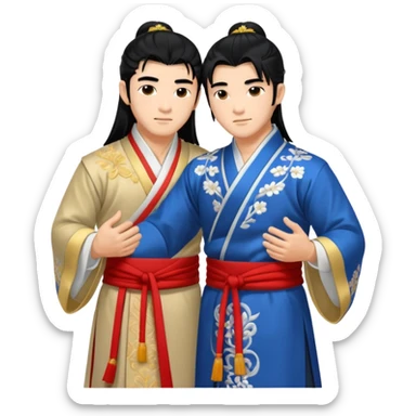 two muscled asian guys hugging in hanfu clothes, long hair sticker