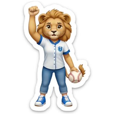 confident anthropomorphised female lion wearing baseball shirt, jeans, trainers, raising a fist in the air, angry expression, no sunglasses sticker