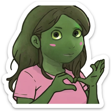 white girl with long brown hair wearing a pink shirt making a heart with her hands  sticker