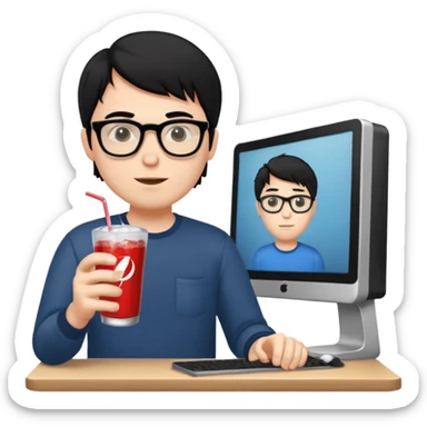 Hombre blanco con gafas, pelo negro tomando un refresco frente a un ordenador con ropa de sport sticker