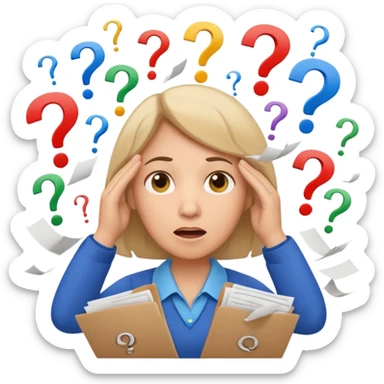 A kindergardenteacher with an overwhelmed expression, surrounded by flying papers and three question marks. sticker