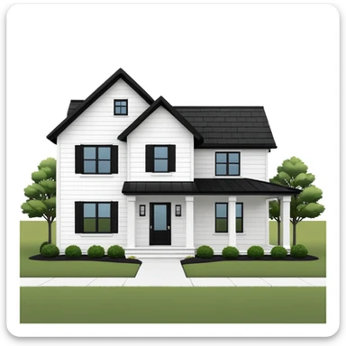 modern farmhouse with white siding, black roof and black trim, exterior view, 3d sticker