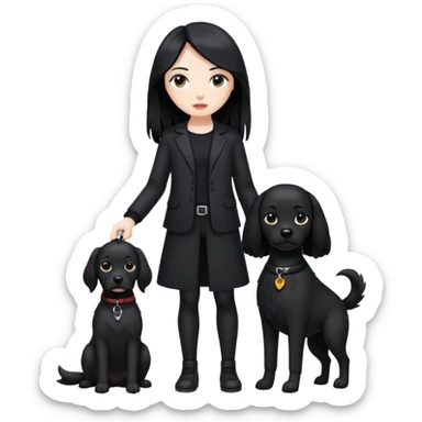 A girl with long black hair wearing black clothes holding a black dog in one hand sticker
