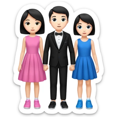 generate a pretty bratz fair skinned boy with short black hair wearing a black tux with blue sneakers with a girl in a pink dress sticker