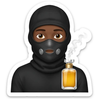 Um homem pele morena com balaclava Baforando lança perfume sticker