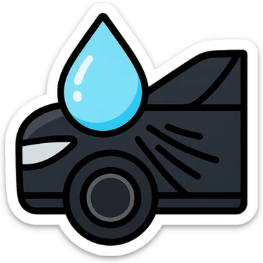 light blue or silver water droplet sliding on glossy black mirror-like paint of a high-end vehicle, main color glossy black, subtle repellent effect with water lines moving away, modern and clean icon sticker
