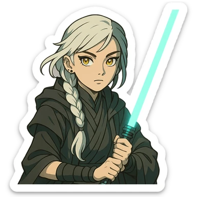  a closeup portrait of young woman with gold yellow eyes, white hair, long braid, black off-shoulder top, punk gothic style, futuristic cyberwave cyberpunk,  jedi attire and posture robes of a padawan, foreweilding a bright blue-green lightsaber sticker