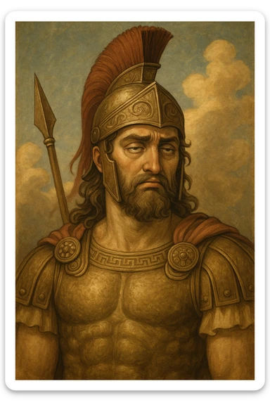 Le dieu Arès, expression blasée, style illustratif, armure grecque, casque, regard ennuyé, ambiance divine, sans texte sticker